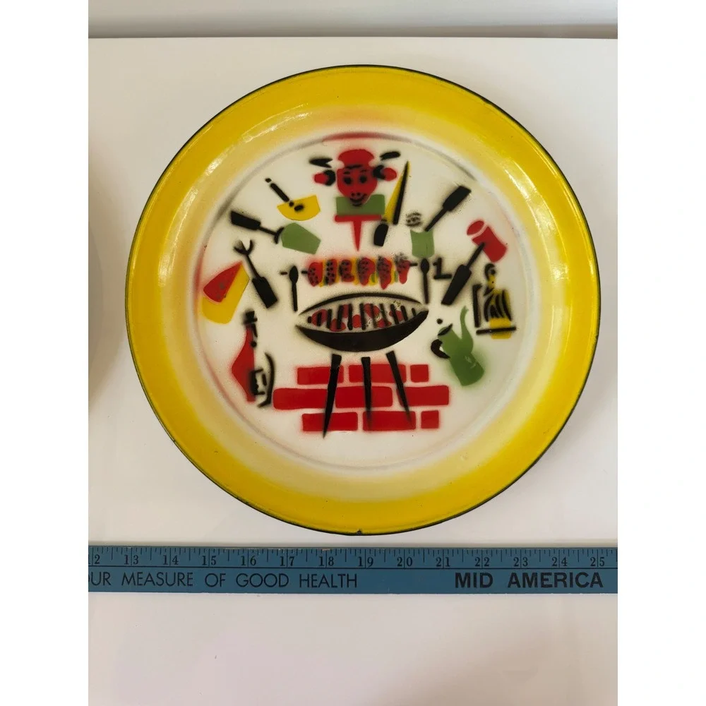 Vintage Enamelware Metal Plates Set 2 Barbecue BBQ Fruit MCM 12 Inch